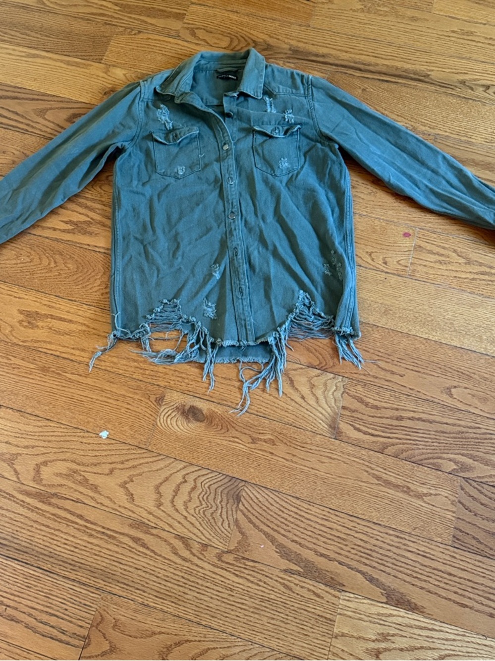 Fashion Nova Distressed Olive Button-Up Shirt Jacket